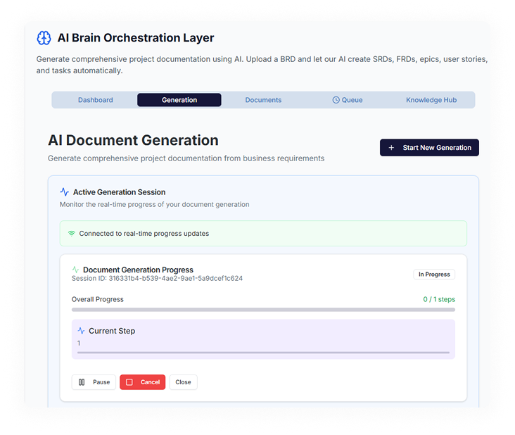 AI Document Generation — real-time progress tracking with BRD analysis and document generation steps